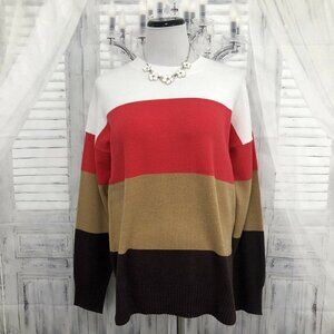 French Connection Small White Red Brown Colorblock Crew Neck Pullover Sweater